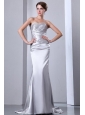 Column Strapless Silver Beading Ruching Brush Train Wedding Dress
