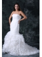 Mermaid Strapless Organza Court Train Ruching and Ruffles Wedding Dress