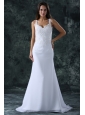Simple Column Straps Chiffon Brush Train Lace Zipper Up Wedding Dress