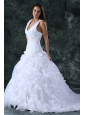 V-neck Appliques and Ruffles Sweep Train Organza Wedding Dress