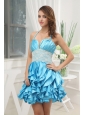 A-line Aqua Blue Halter Top Ruching Ruffles Lace Prom Dress