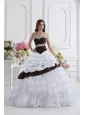 Ball Gown Sweetheart Beading Ruffled Layers Brown and White Quinceanera Dress