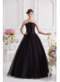 Simple A-line Strapless Tulle Black Quinceanera Dress with Ruffles