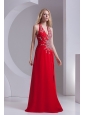 Column Halter Top Chiffon Beading Ruching Red Prom Dress