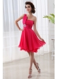 Coral Red A-line One Shoulder Chiffon Ruching Prom Dress