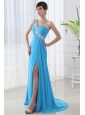 Empire High Slit Prom Dress with Ruchings and Beading One Shoulder Aqua Bue