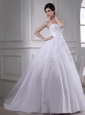 Exquisite A-line Beading and Appliques Chapel Train Wedding Dress with Strapless