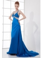 Spaghetti Straps Empire Blue Chiffon Beading Brush Train Prom Dress