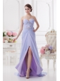 Sweetheart Brush Train Lavender Prom Dress with Ruching and Beading