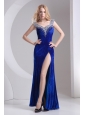 Column Blue Straps Beading High Slit Special Fabric Prom Dress