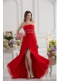 Empier Strapless Chiffon Beading Ruching High Slit Red Prom Dress
