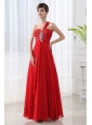 Empire One Shoulder Beading and Ruching Long Red Prom Dress