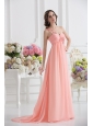 Peach Empire Brush Train Prom Dress with Ruching and Appliques
