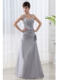 A-line Halter Top Silver Prom Dress with Beading and Ruching
