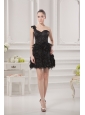 One Shoulder Beading Ruffles Special Fabric Black Prom Dress