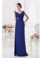 Ruching and Beading V-neck Column Dark Blue Prom Dress