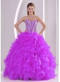 2013 Winter Sweetheart Ruffles and Beading Long Puffy Quinceanera Dresses in Fuchsia