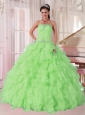 2014 New Spring Green Strapless Ruffles and Beading 15 Quinceanera Dresses for Girl