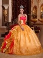 Ball Gown Strapless Floor-length Organza Embroidery Gold Pretty Quinceanera Dresses