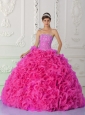 Ball Gown Strapless Organza Hot Pink Pretty Quinceanera Dresses with Beading and Ruffles