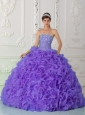 Ball Gown Strapless Organza Purple 15 Quinceanera Dresses with Beading and Ruffles