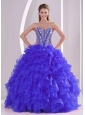 Blue Sweetheart Ruffles and Beaded Decorate Organza Puffy Quinceanera Dresses