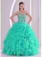 Fall Ball Gown Sweetheart Ruffles and Beaded Decorate Turquoise Pretty Quinceanera Dresses