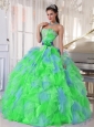 Multi-color Sweetheart Appliques Puffy Quinceanera Dresses with Green Flower