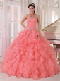 Ball Gown Strapless Floor-length Organza Beading Cute Quinceanera Dresses with Watermelon Red,Sweet and fabulous! Are you looking for your dream dress for the sweet 15/16. This must be just the one for you!It features a fashionable strapless neckline with clear beading encrusted on the corset bodice. Ruffled skirt makes the gown puffy and flattering.A lace up back closure the look.
