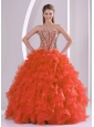 Ball Gown Sweetheart Ruffles and Beaded Decorate Coral Red Sweet 16 Dresses
