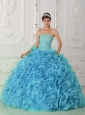 Organza Ball Gown Strapless Beading Blue Cute Quinceanera Dresses with Ruffles
