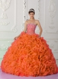 Ball Gown Strapless Organza Beading Orange Red Unique Quinceanera Dresses
