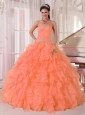 Lovely Orange Ball Gown Strapless Organza Sweet 16 Dresses with Beading and Ruffles