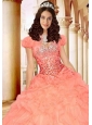 Excellent Peach Organza Quinceanera Jacket with Ruffles and Beading