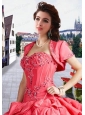 Fashionable Taffeta Appliques and Beading  Watermelon Red Jacket For a Quinceanera