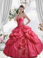 2015 Popular Coral Red Quinceanera Dress with Pick-ups and Hand Made Flowers