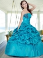 Inexpensive Strapless Blue Sweet Sixteen Dresses with Appliques and Pick-ups