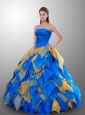 Modern Strapless Beading and Ruffles Quinceanera Dress in Blue and Orange