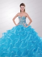 Modest Sweetheart Beading and Ruffled Layers Aqua Blue Quinceanera Dresses
