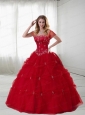 Strapless Red Quinceanera Gown with Beading and Pick-ups