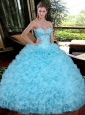 Sweetheart Beading and Ruffles Quinceanera Gowns in Aqua Blue