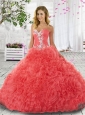2015 Beautiful Sweetheart Appliques and Ruffles Watermelon Red Quinceanera Dress
