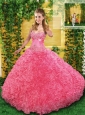 2015 Pretty Pink Quinceanera Dress with Appliques and Ruffles