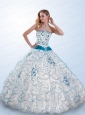 Strapless White and Blue Quinceanera Gown with Appliques
