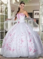 Sweetheart White Organza Quinceanera Gown with Pink Appliques
