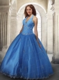 2015 Modest Halter Top Tulle Appliques Quinceanera Dress in Blue