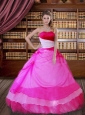Beautiful Strapless Hot Pink Organza Quinceanera Dress with Hand Made Flower