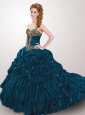 2015 Classical Blue Court Train Quinceanera Dress with Beading