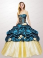 Cheap Strapless Teal Quinceanera Gown with  Appliques
