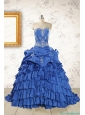 Modern Brush Train Appliques Sweet 15 Dresses in Royal Blue